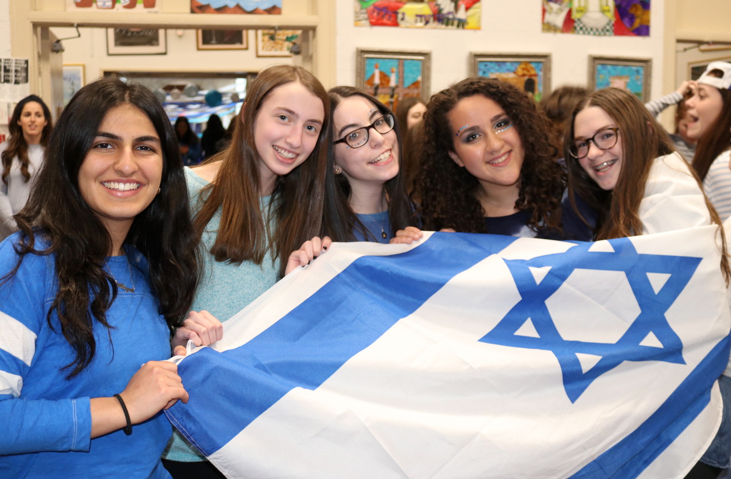 Israel pride at SKA: From left — sophomores Avigail Razi, Emily Haller, Ahava Rosenberg, Tehila Bitton and Shana Motovich.