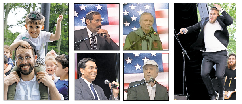 Among Israel-affirming talkers at Sunday’s event (pictured in the middle, clockwise from top left): Dr. Joseph Frager, event organizer; actor Jon Voight; former Lawrence mayor and RZA leader Martin Oliner, and Amb. Danny Danon.