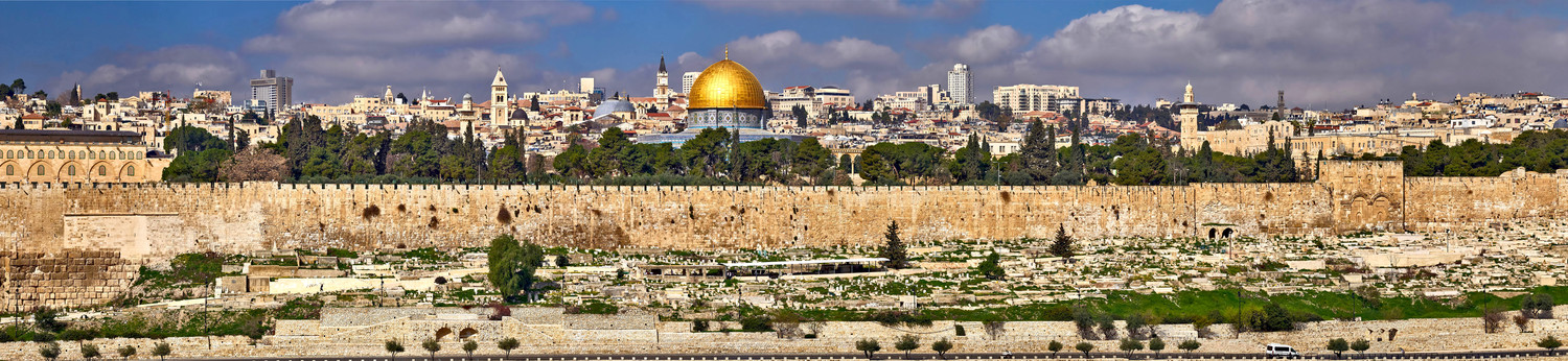 Panorama of East Jerusalem, view of the Old City and holy places of Judaism, Christianity and Islam: Temple Mount, Kotel, Church of the Holy Sepulcher, Al-Aqsa Mosque and Dome of the Rock, Israel.