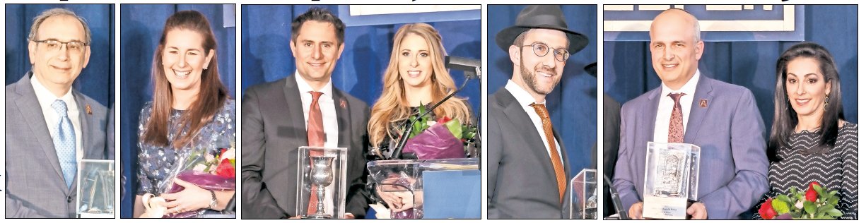 From left: Dr Jonathan Herman, Man of the Year; Stacey Zrihen, Pillar of Chesed Award; Dr. Daniel and Riki Haller, Excellence in Medicine Award; Ari Weinstein, honored with his wife Deena, Young Leadership Award; and Jason and Danielle Bokor, Guests of Honor.
