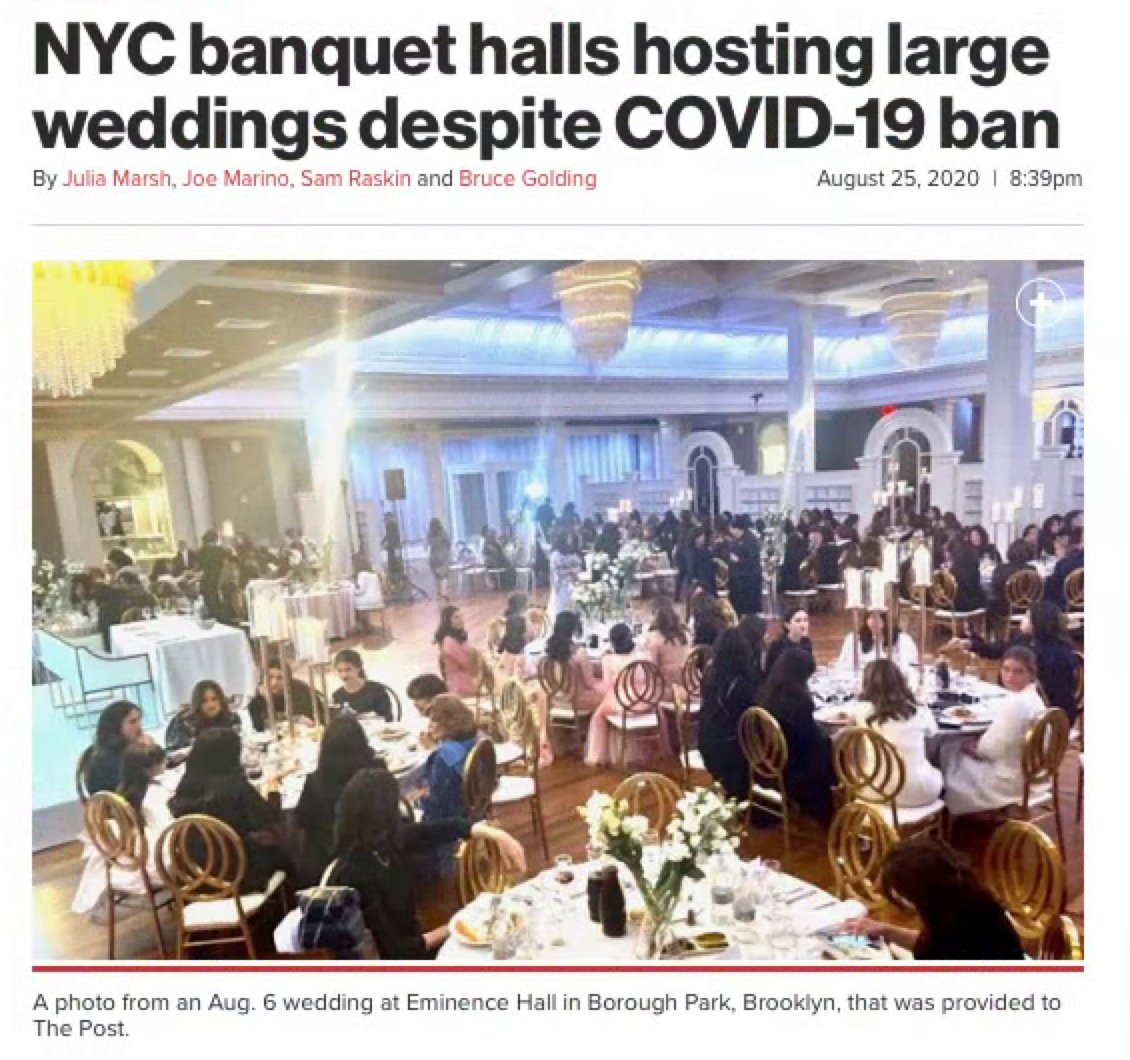 New York Post story on maskless, no-social-distance gatherings at wedding halls in Borough Park.