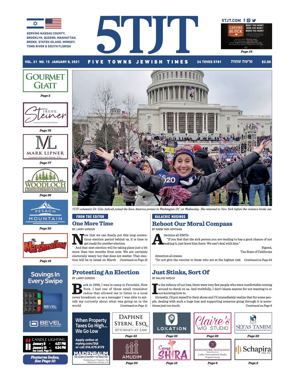 The 5TJT cover celebrating the Jan. 6 day of insurrection, featuring a smiling Dr. Gila Jedwab, outside the Capitol.