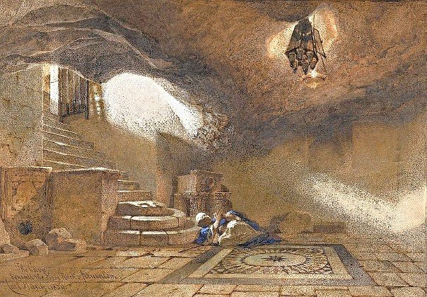 “The Cave Beneath the Holy Rock, Jerusalem” by Carl Haag, 1859. Pencil and watercolor on paper.