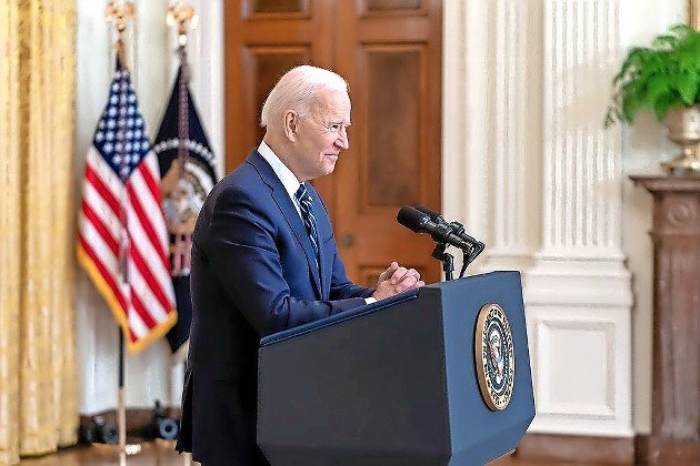 President Joe Biden at his first official press conference in the East Room of the White House on March 25, 2021.