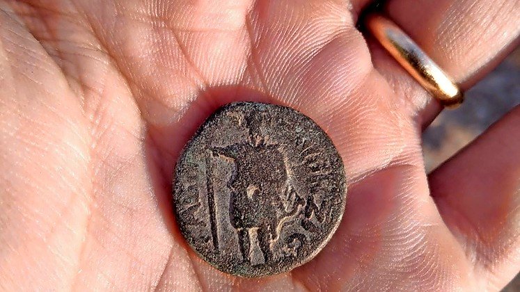 Ancient coin unearthed by an Israeli soldier depicting the Syrian moon god Men.
