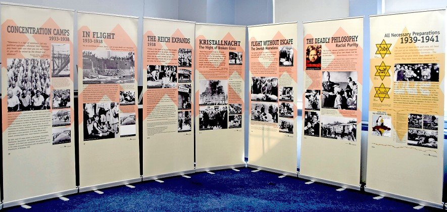 A portion of the Simon Wiesenthal Center’s 40-panel Holocaust remembrance exhibit on display at HAFTR High School.
