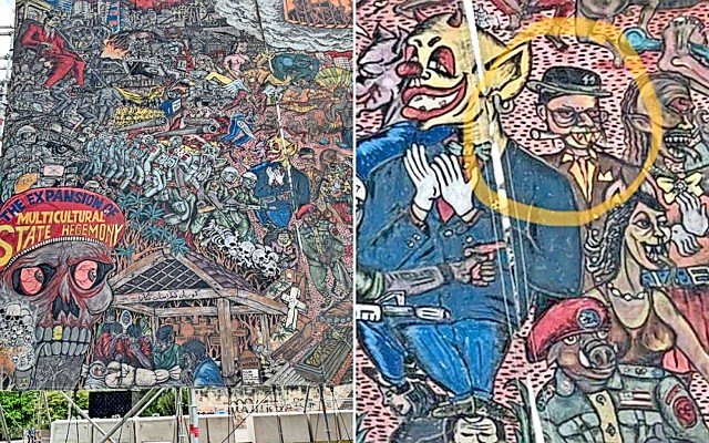 This portion of a mural at the Documenta 15 art festival depicts a presumably observant Jewish man (note the sidelocks, bloodsot eyes, fangs and black hat with the SS insignia).