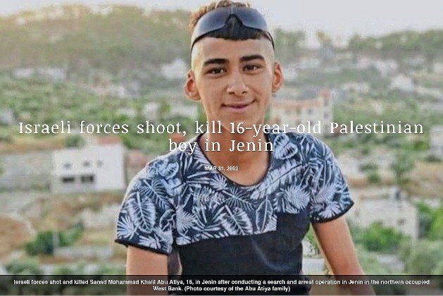 A NGO portrays Sanad Abu Atlyeh as young innocence, in a post headlined, “Israeli forces shoot, kill 16 year old Palestinian boy.”