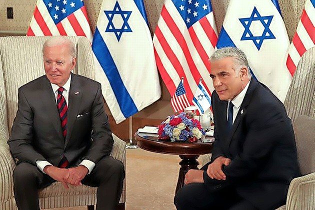 President Joe Biden meets with Israeli Prime Minister Yair Lapid in Jerusalem on July 14.