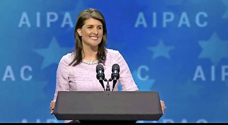 Former Ambassador to the United Nations Nikki Haley addresses an AIPAC conference.