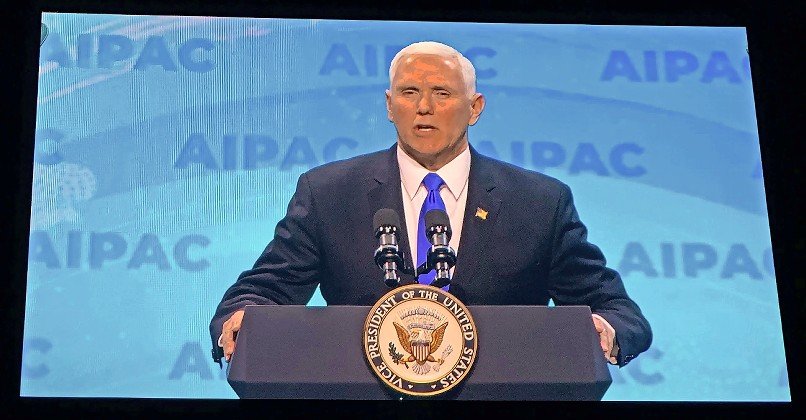 AIPAC’s success on both left and right is reflected in the speakers’ lineup at its pre-pandemic annual policy conferences in Washington. Pictured at the conference in 2019, which drew an estimated 18,000 attendees: Rightwing Republican Vice President Mike Pence.
