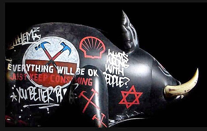One of the graffitied pigs Roger Waters floats at his concerts, this one featuring a Star of David. Waters has said that the Star of David is a symbol of the state of Israel and has no relation to the Jewish people.