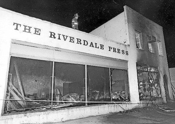 The Riverdale Press’ Broadway office was firebombed after the newspaper published an editorial in support of letting the public read Salman Rushdie’s The Satanic Verses.