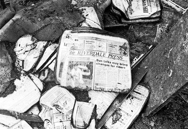 Charred copies of The Riverdale Press rest among burned detritus in the newspaper's Broadway office in the aftermath of the Feb. 28, 1989, firebombing.