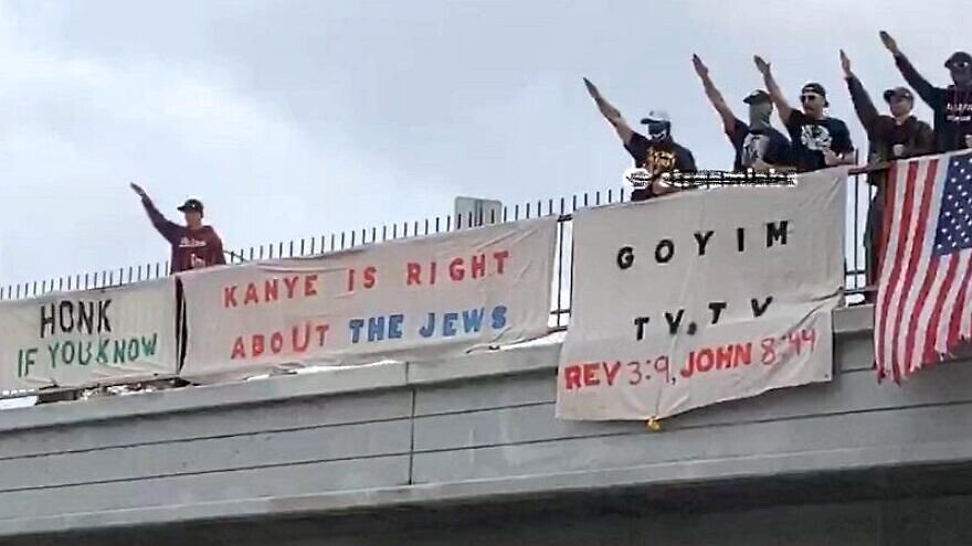 The Goyim Defense League hung banners supporting Kanye "Ye" West's comments about Jews over a Los Angeles bridge, Oct. 22, 2022.