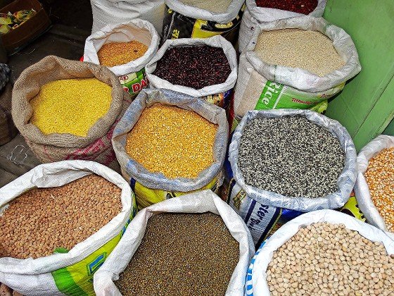 Pulses for sale in a market in India.