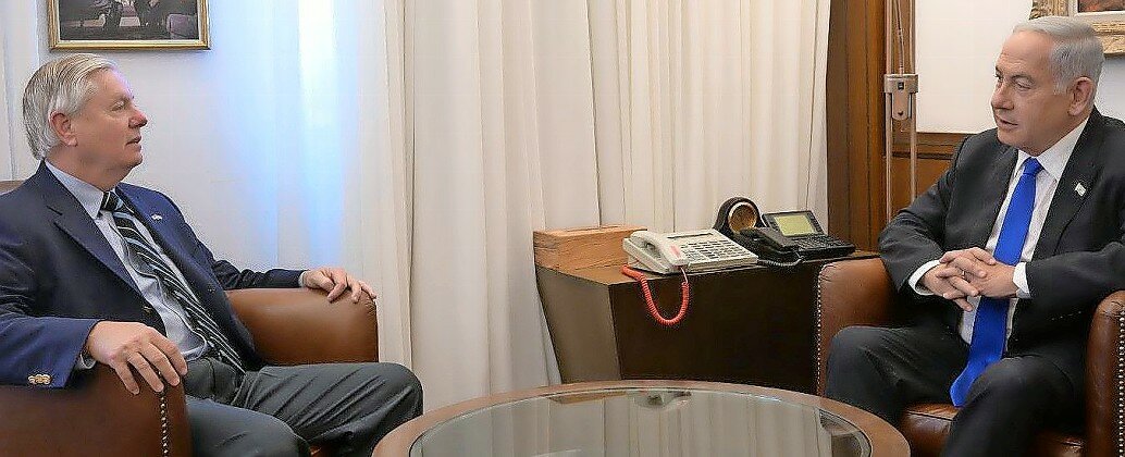 Israeli Prime Minister Benjamin Netanyahu meets with Sen. Lindsey Graham at the Prime Minister’s Office in Jerusalem on Monday.
