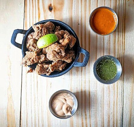The texture of Taquito’s pork-free Chicharrón Pollo — featuring skin-on chunks of boneless chicken thigh — is truly remarkable and one of their best sellers.