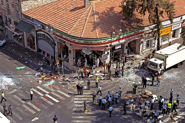 The aftermath of the Sbarro pizzaria bombing at the corner of King George Street and Jaffa Road in Jerusalem, Aug. 9, 2001.