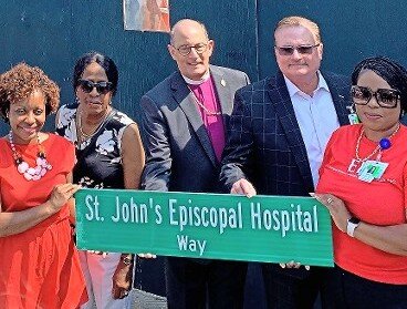 From left: City Council Member Selvena N. Brooks-Powers, District Leader Valerie West, Bishop Lawrence Provenzano, CEO Gerard M. Walsh, VP of External Affairs and President of the St. John’s ICARE Foundation Renee Hastick-Motes.