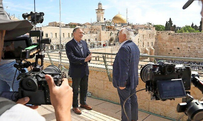 Former US Secretary of State Mike Pompeo and former US Ambassador to Israel David Friedman visit the Western Wall Plaza in Jerusalem’s Old City during the filming of “Route 60: Israel’s Biblical Highway.”