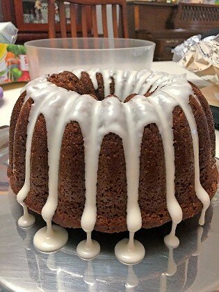 Chocolate cake with vanilla bean glaze.