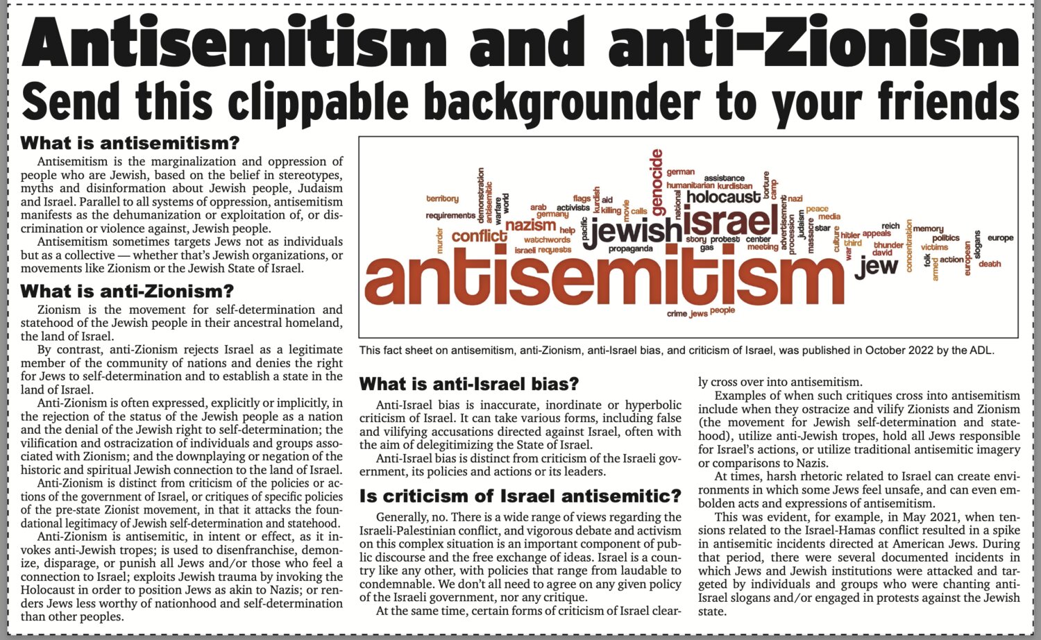 This fact sheet on antisemitism, anti-Zionist, anti-Israel bias, and criticism of Israel, was published in October 2022 by the ADL.
