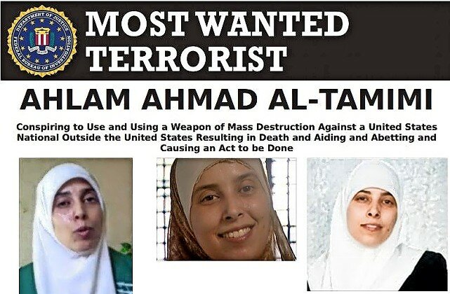 FBI poster for Palestinian terrorist Ahlam Ahmad Tamimi, A mastermind of the 2001 bombing of the Sbarro pizzeria in Jerusalem.