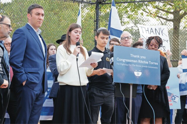 SAR students Ananya Silverman and Alex Wolf took turns voicing support for Israel and appreciation for Rep. Ritchie Torres’ dependable enthusiasm in defending the Jewish state, in Riverdale's Seton Park on Oct. 24.