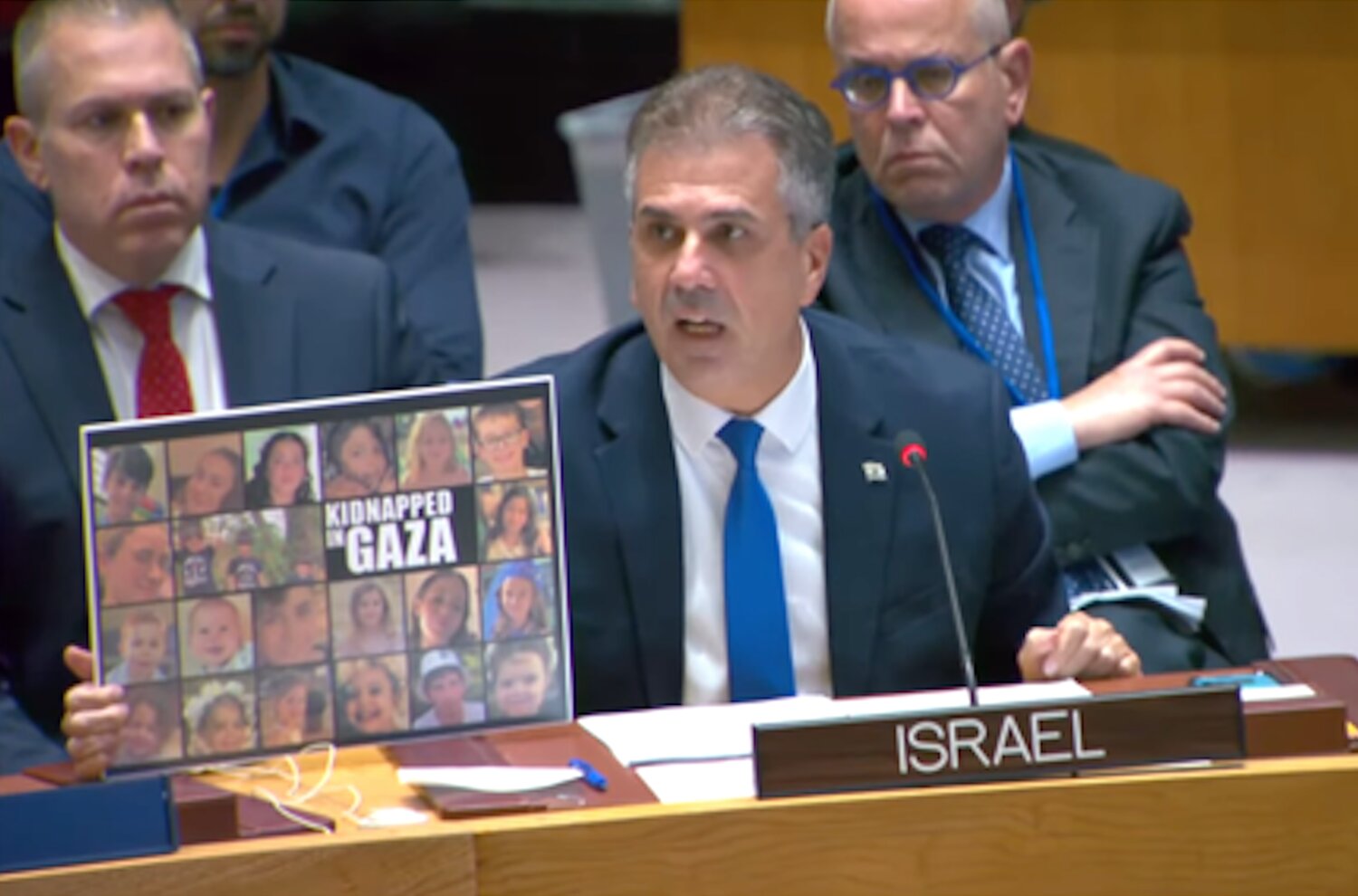 Israeli Foreign Minister Eli Cohen discusses hostages being held by Hamas, at the UN Security Council on Oct. 24, 2023.