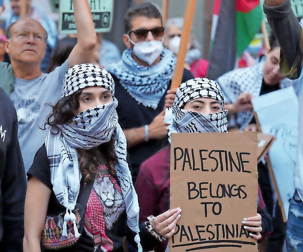 Pro-Palestinian demonstrators rally in front of the Israeli consulate in San Francisco two days after Hamas massacred 1,400 men, women and children in southern Israel.