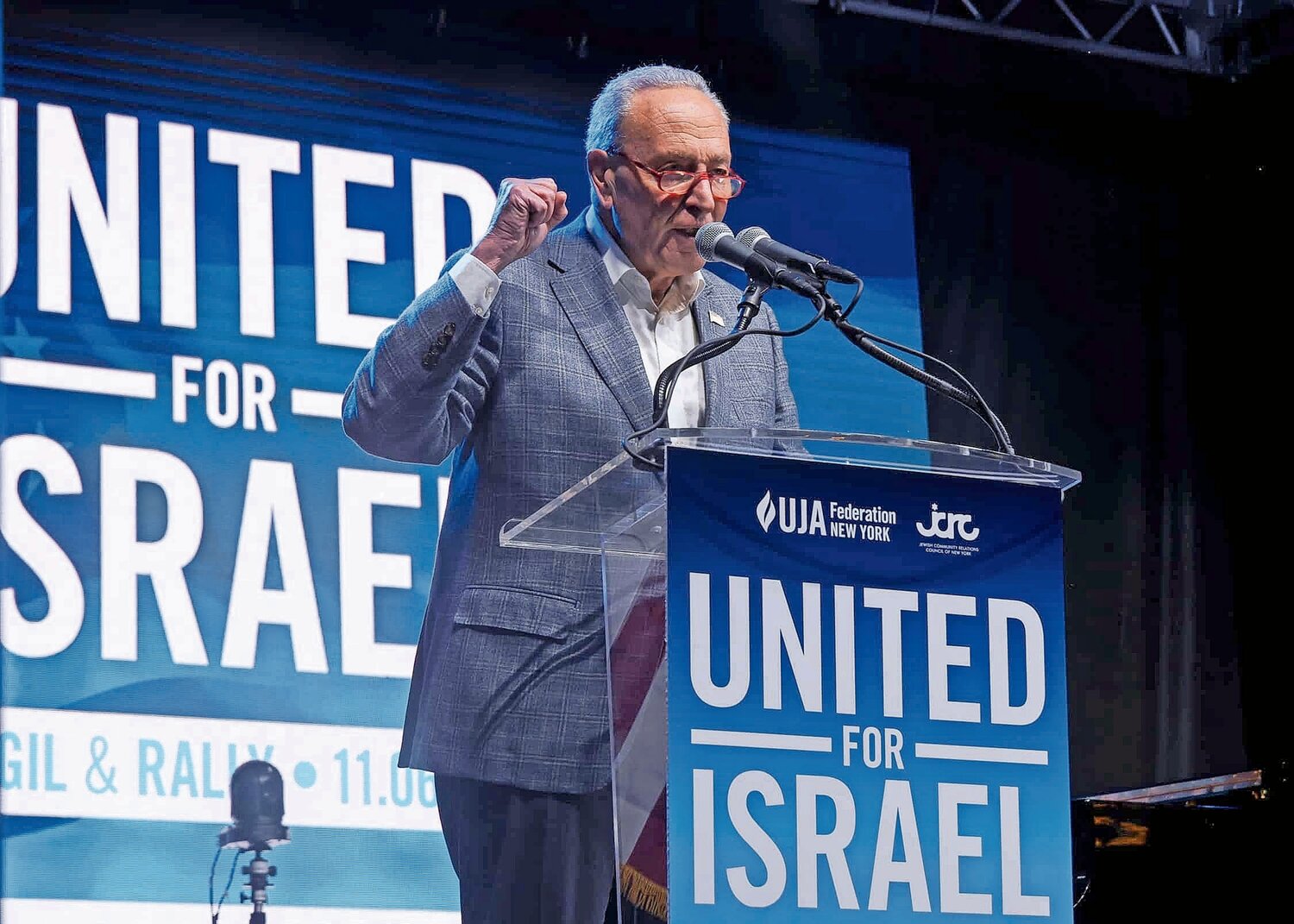 Senator Schumer speaks at a United for Israel vigil in Manhattan on Nov. 6.
