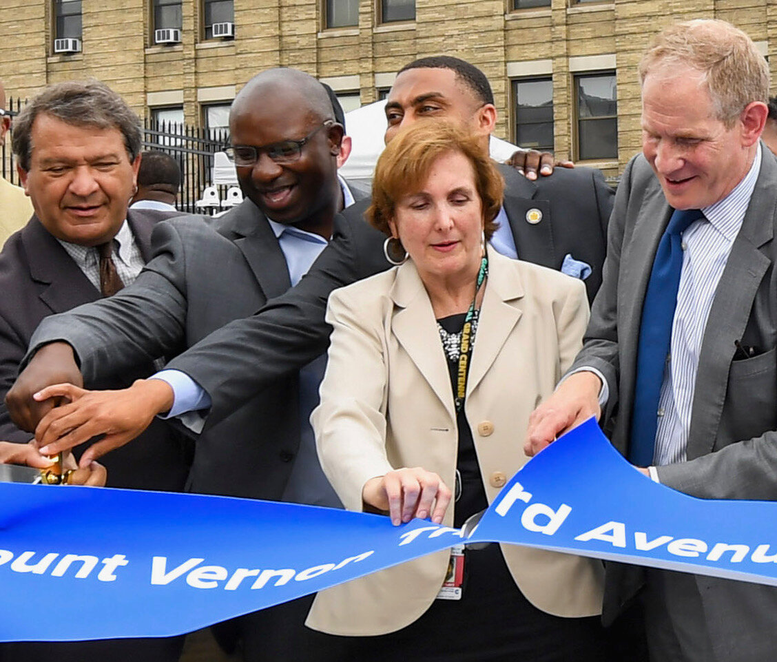 From left: Westchester County Executive George Latimer joined Rep. Jamaal Bowman at a ribbon-cutting to open the rebuilt Third Avenue Bridge in downtown Mt. Vernon, along with Metro-North Railroad President Catherine Rinaldi and Acting MTA Chairman and CEO Janne Lieber, in August 2021.