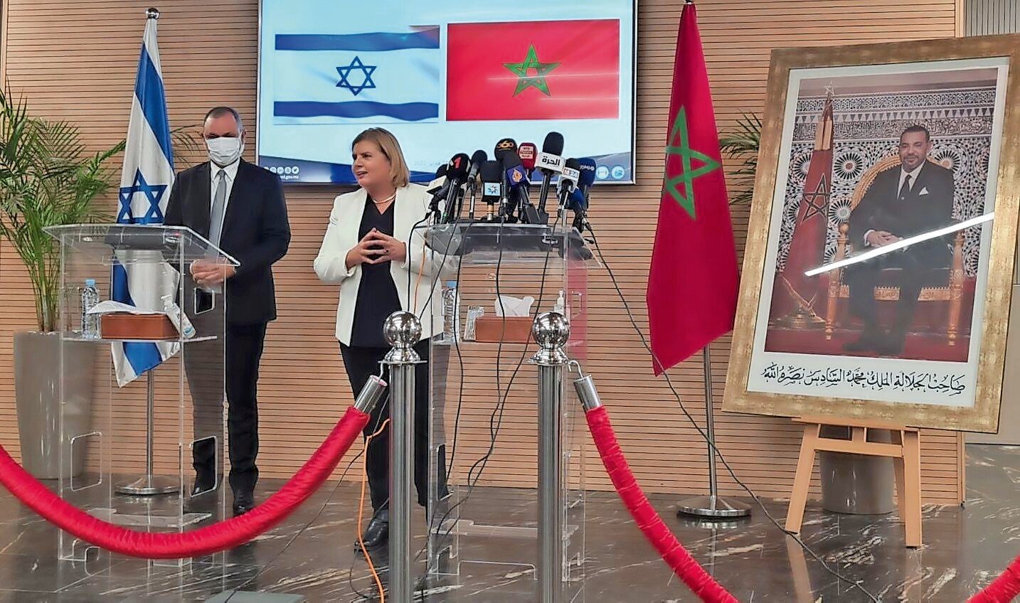 Israel’s Economy Minister Orna Barbivai with Moroccan Minister of Industry and Trade Ryad Mezzour in Rabat, Morocco, on Feb. 21, 2022.