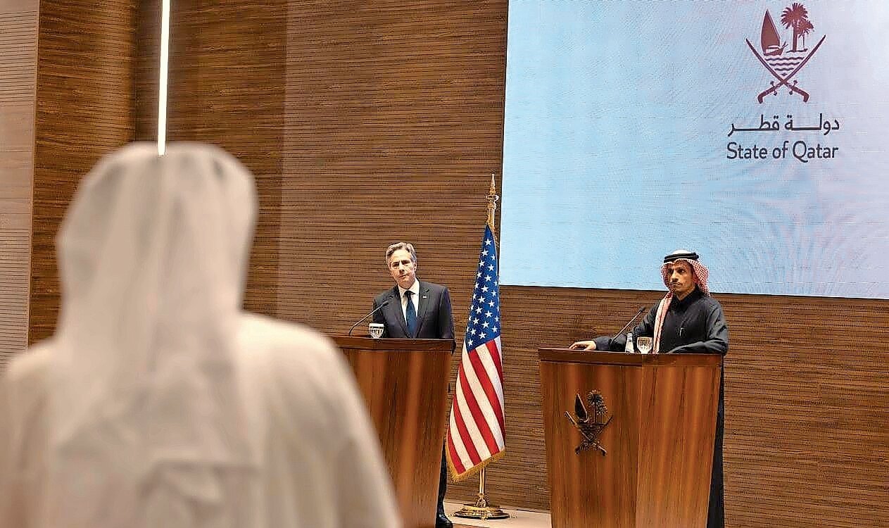 Secretary of State Antony Blinken holds a joint press availability with Qatari Prime Minister and Foreign Minister Mohammed bin Abdulrahman Al Thani in Doha, Qatar, on Jan. 7.