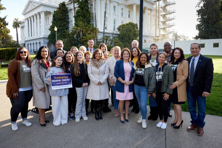 Senator Shannon Grove (R-Bakersfield) with members of the Senate and Assembly Republican Caucuses along with educators and parents at her SB 64 rally prior to the bill's hearing.