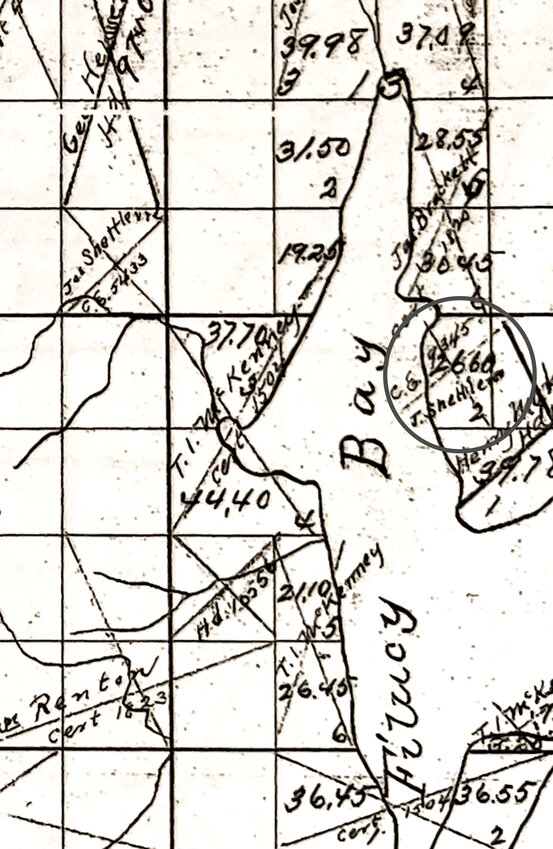 O.A. Anderson owners’ map of Filucy Bay, ca 1888 (detail). Sipple’s property (circled) was still under Joseph Shettleroe’s name.