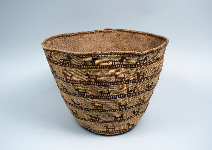 Skokomish cedar and reed basket, circa 1900, with wolves and dogs. The wolves have their tails down and the dogs have their tails up. This type of pliable basket was used for clothing or other soft items rather than food. In this region, remains of domesticated dogs date as far back as 1,000 BCE. Museum of History and Industry, 1957.1239.6