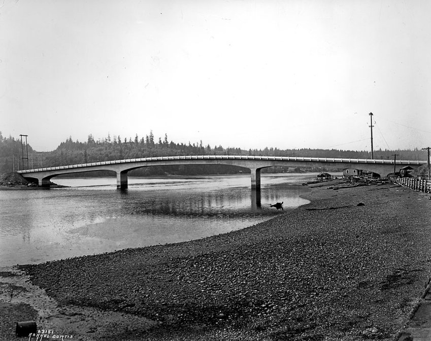 Asahel Curtis photo of the Purdy Bridge soon after it was completed in 1937.