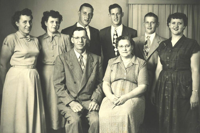A family portrait with siblings (left to right) Inez, Lenora, Wayne, Melvin, Cecil and Phyllis with parents Emil and Katie.
