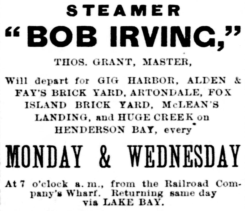 Ad for the first steamer service between Tacoma and points on Henderson Bay.