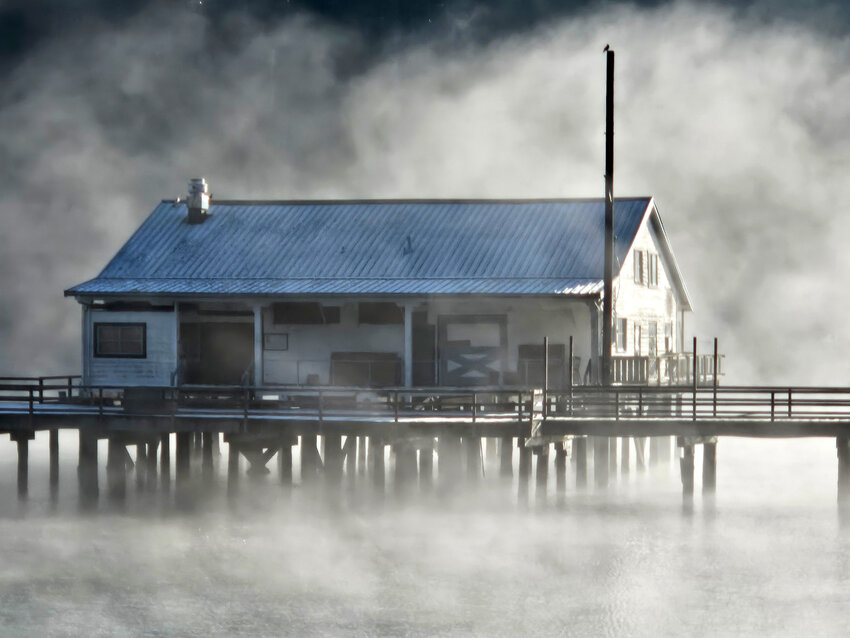 Winter fog cloaks the aging Lakebay Marina.
