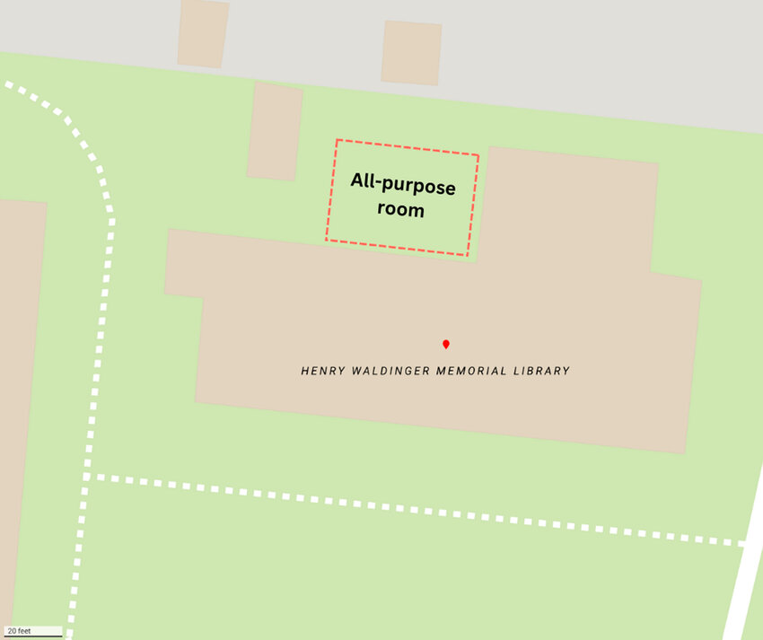 The all-purpose room, at an asking price of $1.2 million, will replace the outdoor patio to provide year-round space for meetings. Facility not drawn to size.