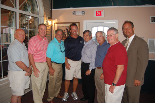The Valley STream Republican Committee honored former NFL player Stephen Boyd on Aug. 9. From left are Tony Bello, Receiver of Taxes Donald Clavin, Republican leader John DeGrace, Boyd, Joe Cairo, Don Steinert, Jack Sharkey and Town Councilman Ed Ambrosino.