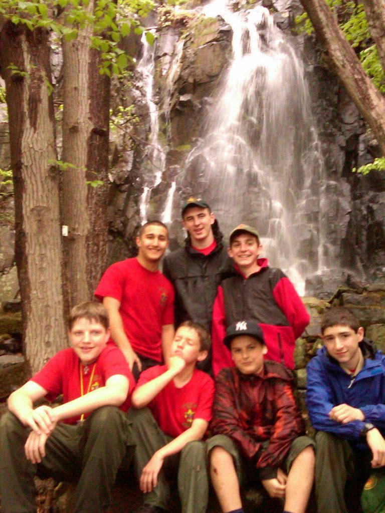 Scouts, from left, top row, Robert Cracchiolo, Nolan Travis and Robert Barracca, bottom row, William Ayers, Michael Stinnett, James Nigro and William Teneriello during the rainy-day practice hike along the Hudson in preparation for the ascent on Mt. Washington in August.
