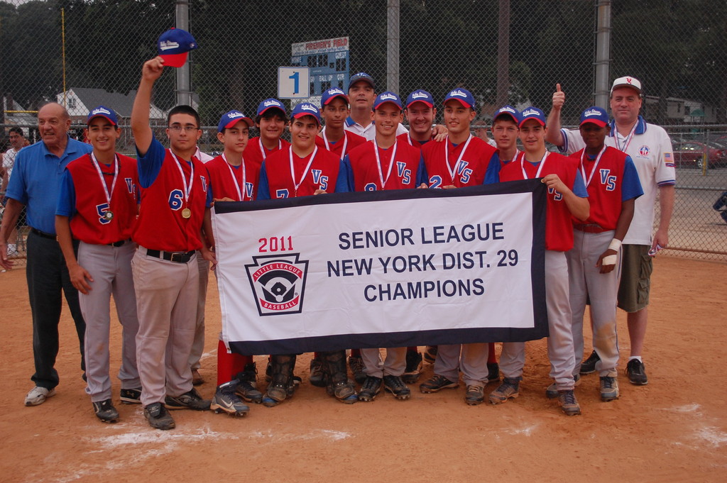 The Valley Stream Little League Senior Boys team displayed its championship banner after winning the District 29 title game for the second straight year, defeating Malverne 9-1 on July 20 at Firemen’s Field.