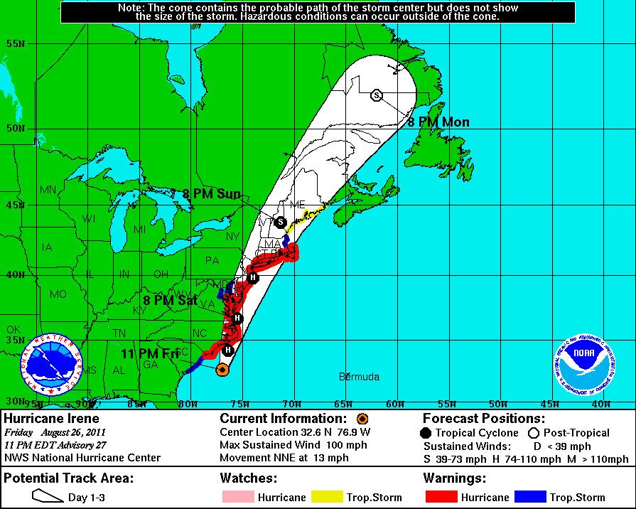 The projected path of Hurricane Irene as of late Friday night.