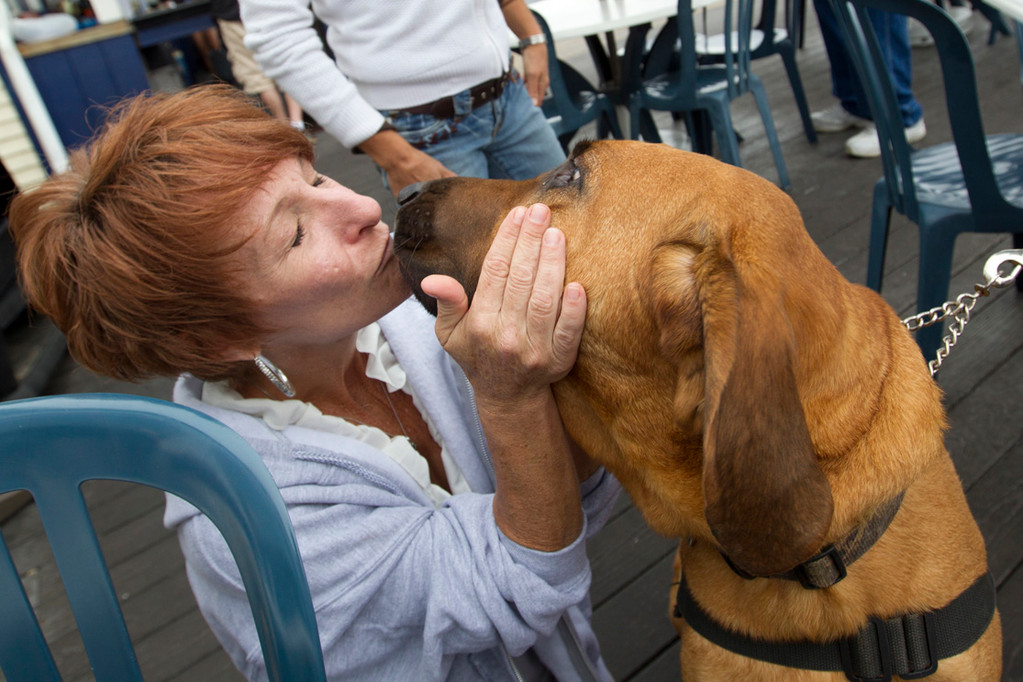 Lisa Galgano gets a kiss from one of the rescue dogs at the event.