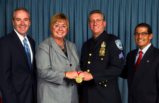 Sgt. Daniel Dillon of the Lynbrook Police Department was one of the officers honored by the Town of Hempstead recently. Pictured at the award presentation were, from left, Receiver of Taxes Don Clavin, Supervisor Kate Murray, Dillon and Town Clerk Mark Bonilla.