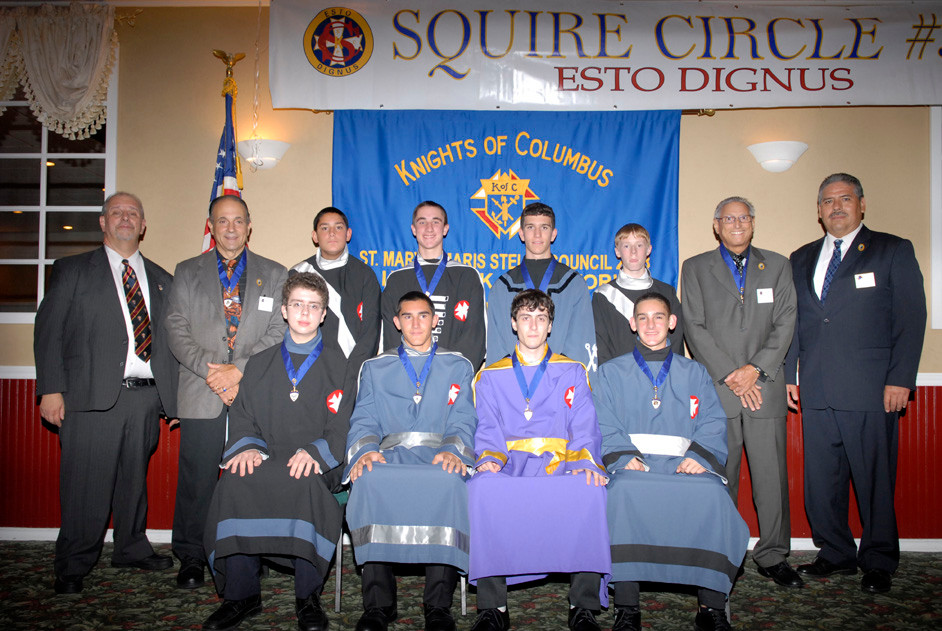 The New Squires were presented at the ceremony. Pictured seated are, from left, Patrick Barkus (Burser), Dominick Gandolfo (Deputy Chief Squire), Arthur Tansey (Chief Squire), Steven Gandolfo (Notary) Back Row from left: Felix Denili (Deputy Grand Knight), John Panaro (Co-Counselor Squires/Chancelor), Matt Gandolfo (Arm), Brian Kearney (Marshal), Nick Termini (Sentry), Andrew Nohiloy (Pole Captain), Tony Ginexi (Co-Counselor Squires/Recorder), Diego Oblitas (Grand Knight).